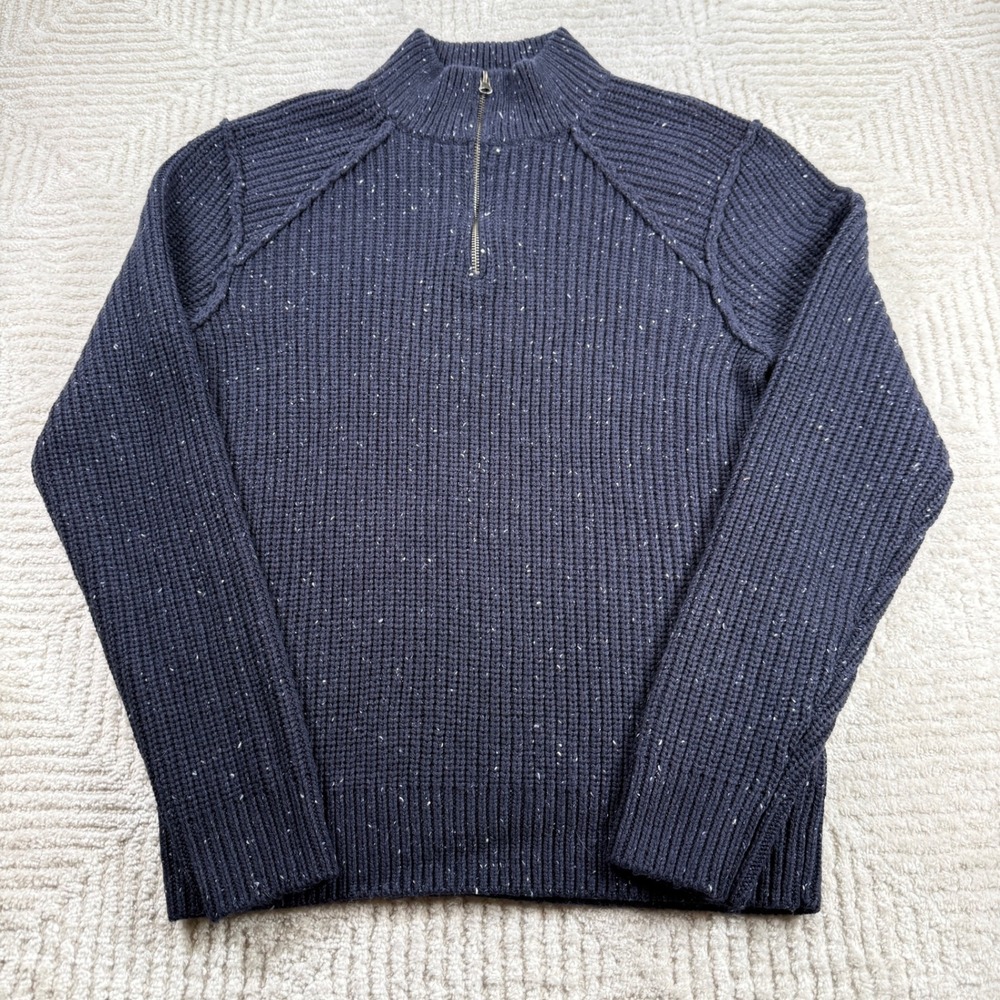 Lucky Brand Quarter Zip Sweater Mens Medium Navy Blue Marled Wool Blend Cabin